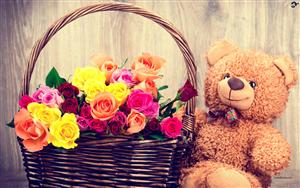 Teddy Bear alongside a basket of different colored roses